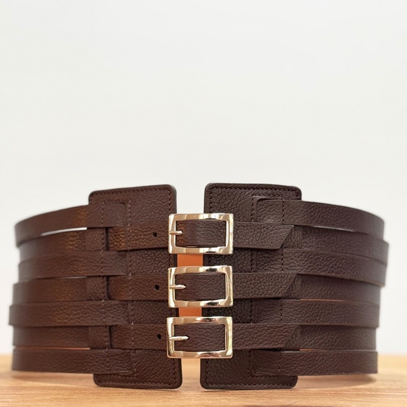Vaincourt Brown Leather Multi Buckle Multi Strap Wide Waist Belt main image 7